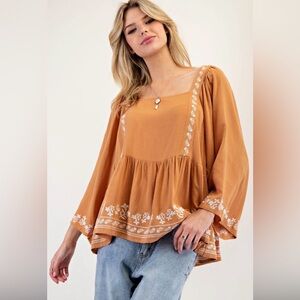 NWT Easel Women’s Boho Embroidered Rayon Tan Bell Sleeve Blouse Top Size M